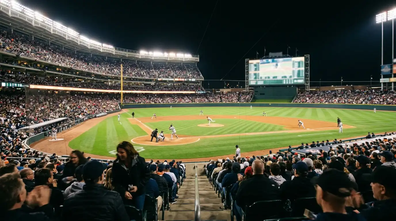 Scène de match de baseball MLB en cours avec le tableau d'affichage visible pour les paris en direct